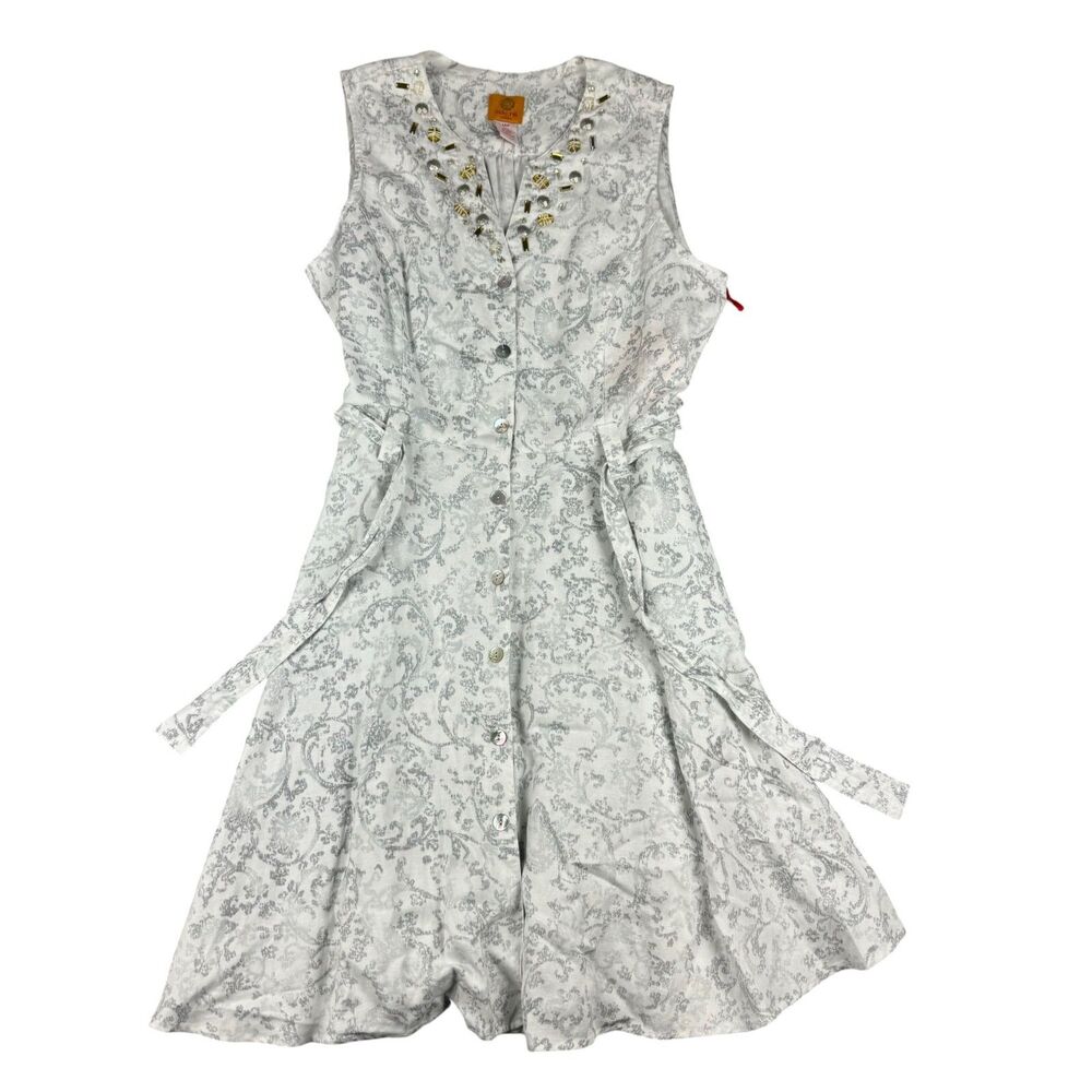 Ruby Rd. Dress Women's 14P Gray White Linen Sleeveless Embellished Pockets NWT